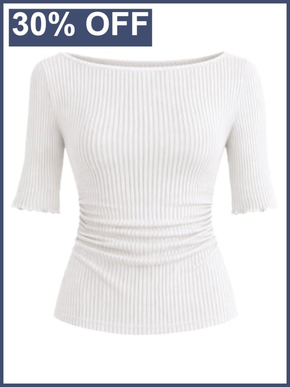 Ribbed Knit Boat Neck Ruched Slim Fit Crop Top Half Sleeve Basic Tee
